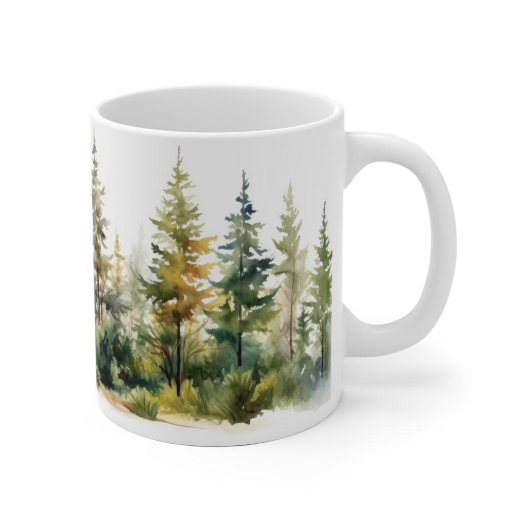 "Personalisierte Aquarell Geschenk-Tasse mit Waldmotiv - Kaffeetasse mit Nadelb&auml;umen"