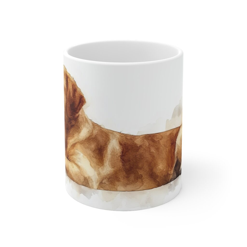 Die Keramiktasse zeigt ein Labrador-Aquarellmotiv in warmen Braunt&ouml;nen und greift das Hundefreunde-Design der Motivtasse von Shotspace auf.