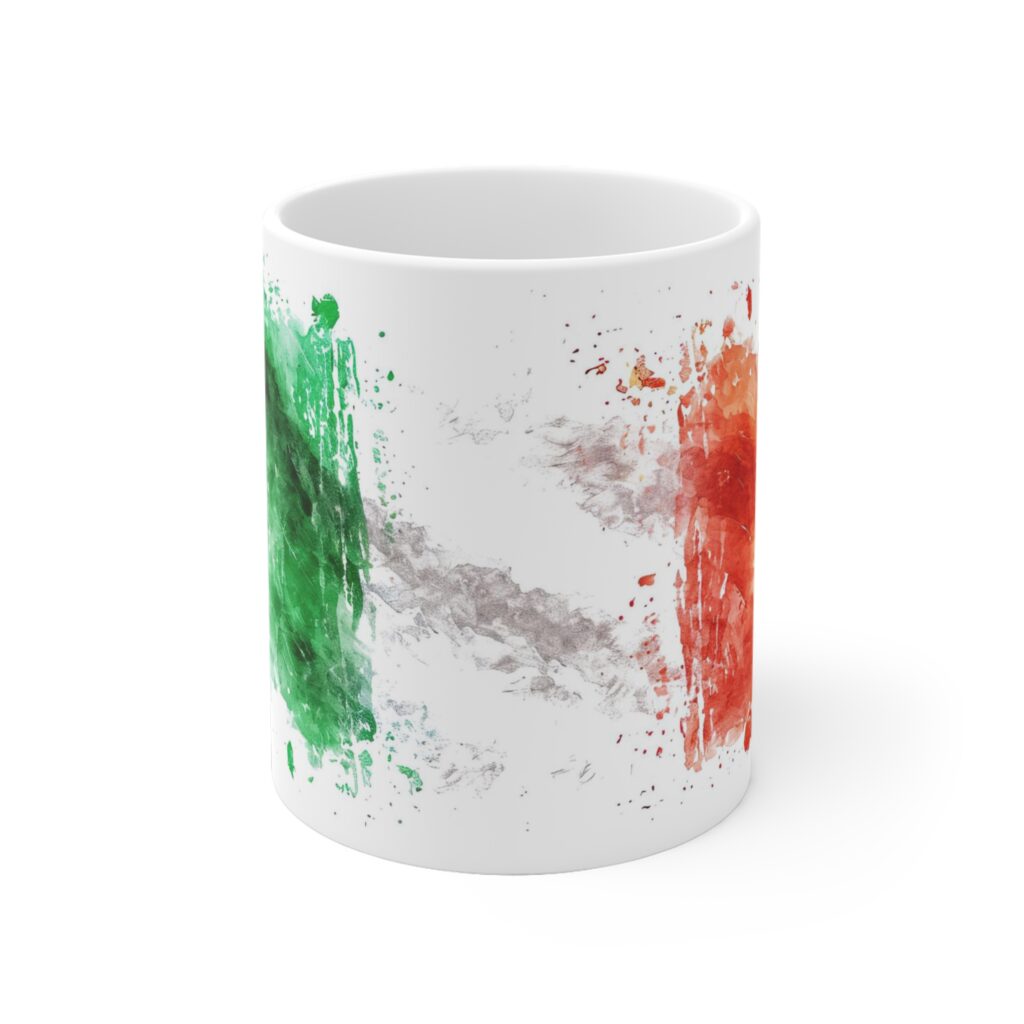 Keramiktasse im Italien-Look mit gr&uuml;n-roten Aquarellsplashes und hellem Mittelstreifen, inspiriert von den Nationalfarben Italiens.