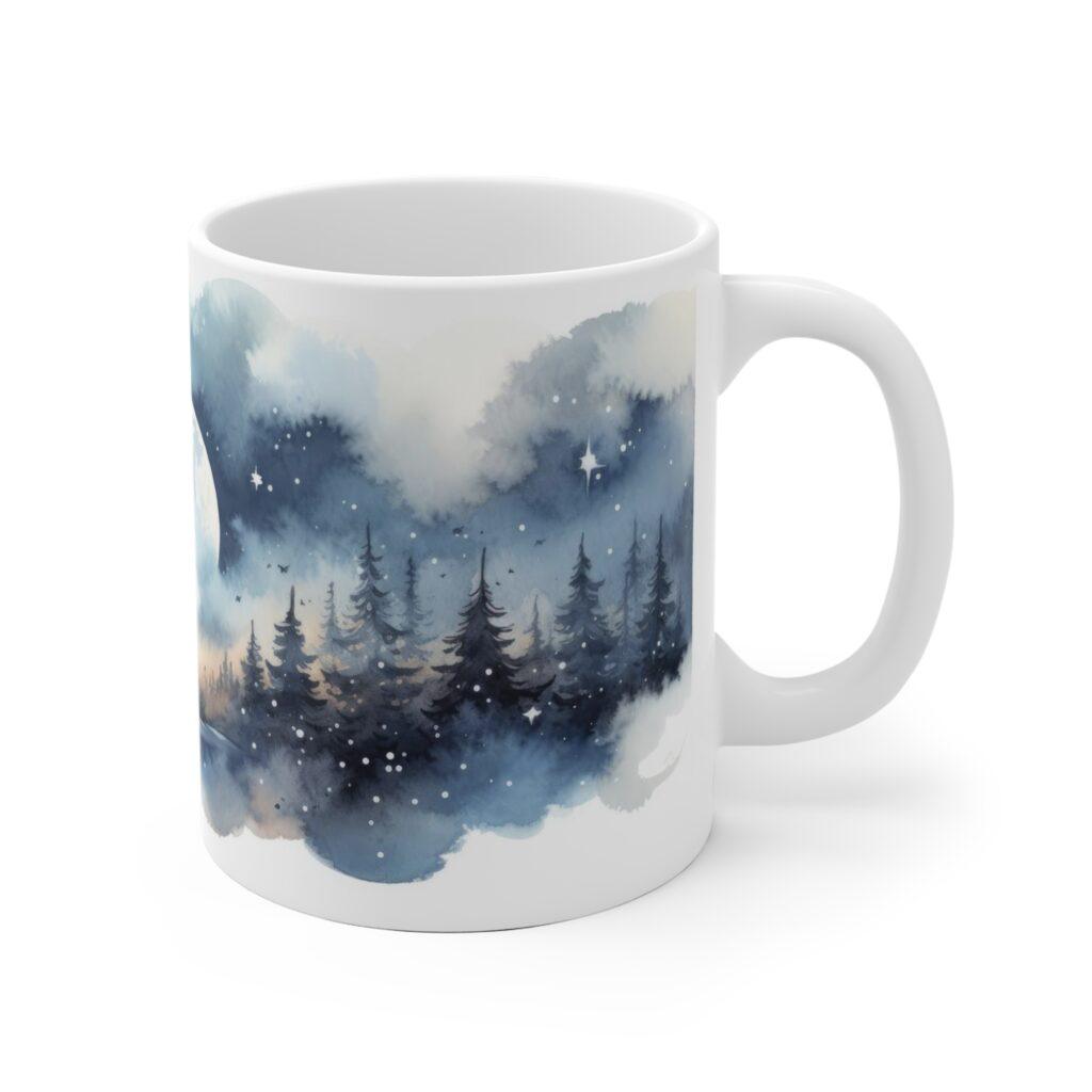 Aquarell Tasse mit Nachtlandschaft und Sternen &ndash; Perfekte Geschenkidee f&uuml;r Naturfreunde