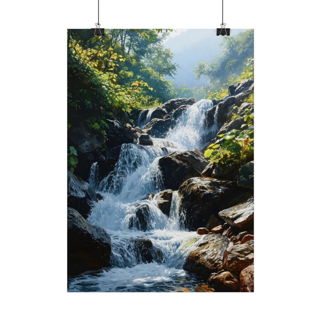 Idyllischer Wasserfall im Waldbach Poster &ndash; Sonnenlicht Reflektion, verschiedene Gr&ouml;&szlig;en erh&auml;ltlich