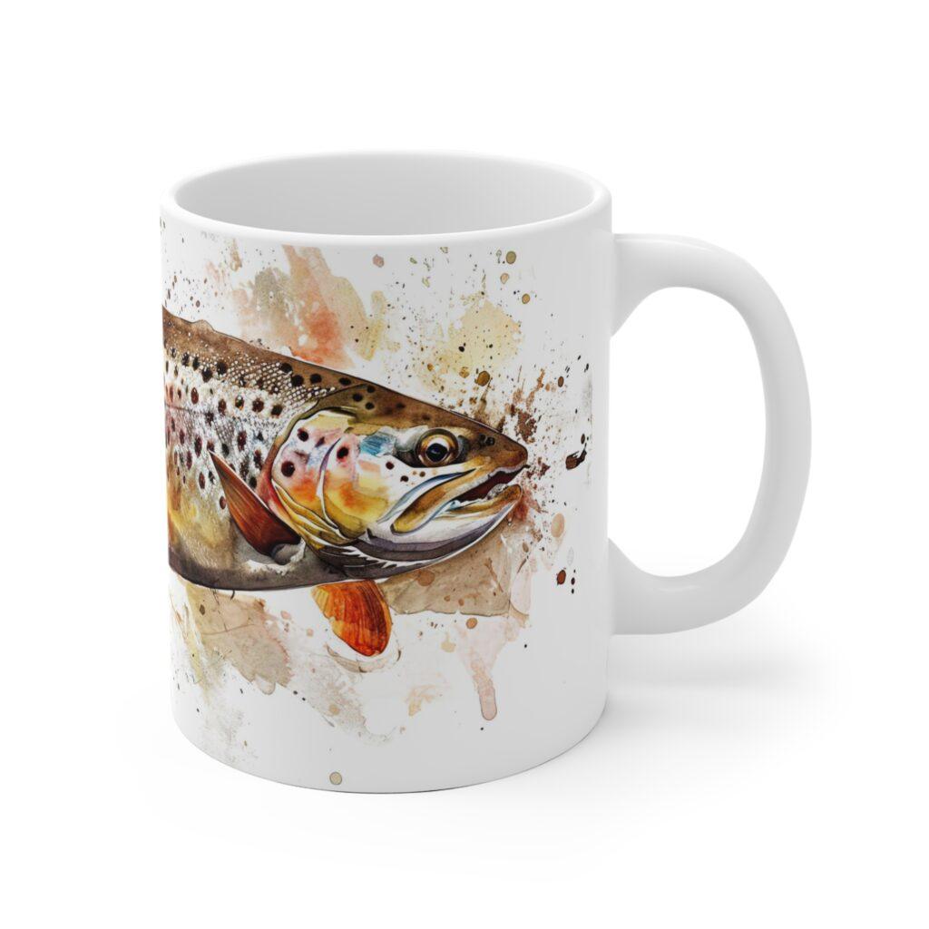 Aquarell Tasse mit Forellenmotiv - Idealer Becher f&uuml;r Angler und Naturfreunde