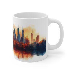 Cyberpunk Kaffeetasse mit Aquarell Stadtmotiv – Futuristisches Design für Sci-Fi Enthusiasten