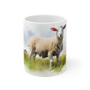 Weiße Keramiktasse mit süßem Schaf im Aquarell-Stil – Niedliche Tiermotiv-Tasse