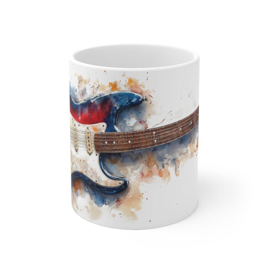 Keramiktasse mit Stratocaster Gitarre Aquarell Design &ndash; Perfekt f&uuml;r Musikliebhaber