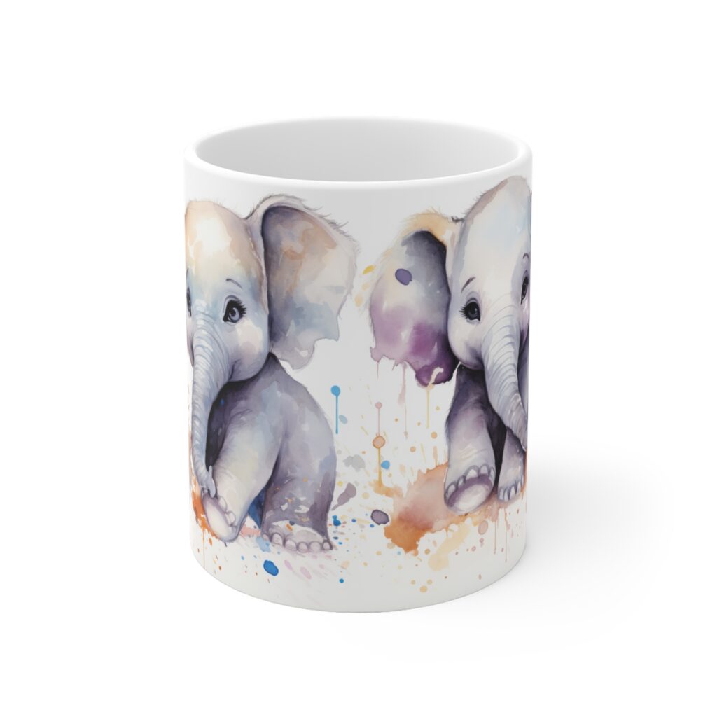 Wei&szlig;e Keramiktasse mit Elefantenkindern im Aquarellstil &ndash; Perfektes Geschenk f&uuml;r Tierliebhaber und Kinder