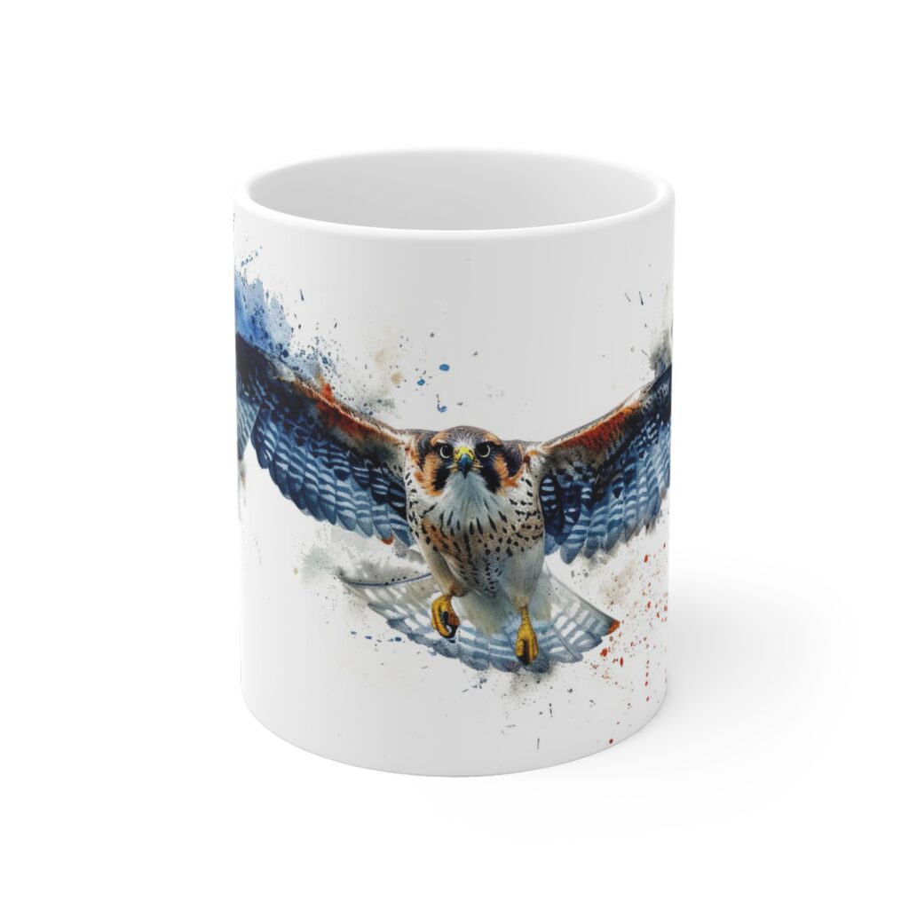 Aquarell Tasse mit Fliegendem Falken - Keramik f&uuml;r K&uuml;nstler und Naturliebhaber