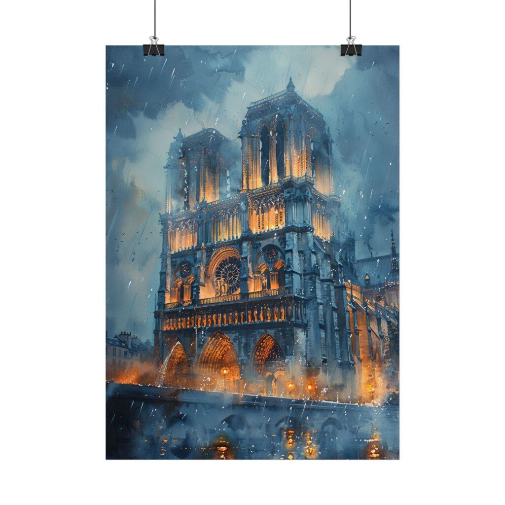 Notre-Dame im Regen - Aquarell-Kunstposter, 4 Gr&ouml;&szlig;en, Matt/Glanz