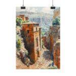 Die Felsenkirchen von Lalibela - Aquarell Kunst Poster, 4 Größen, Matt/Glanz