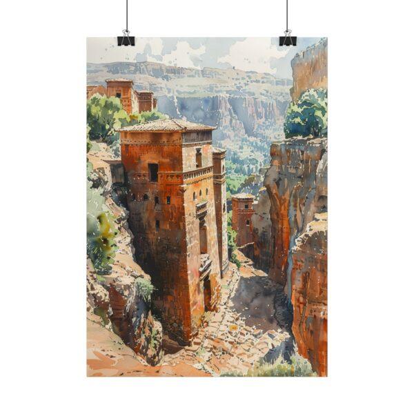 Die Felsenkirchen von Lalibela - Aquarell Kunst Poster, 4 Größen, Matt/Glanz