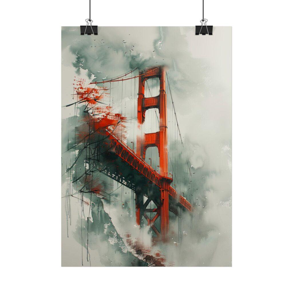 Golden Gate Bridge umh&uuml;llt von Nebel - Aquarell-Kunstposter, 4 Gr&ouml;&szlig;en, Matt/Glanz