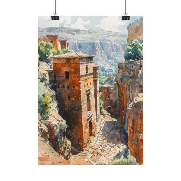 Die Felsenkirchen von Lalibela - Aquarell Kunst Poster, 4 Größen, Matt/Glanz