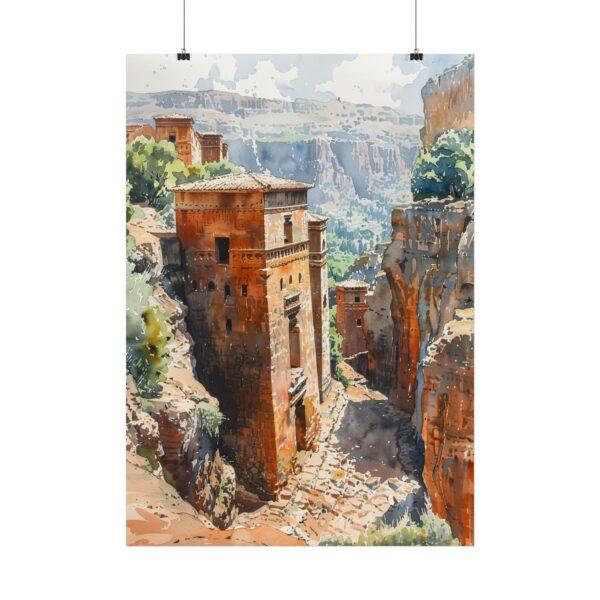 Die Felsenkirchen von Lalibela - Aquarell Kunst Poster, 4 Größen, Matt/Glanz