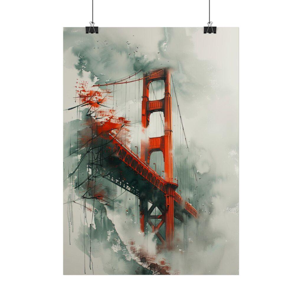 Golden Gate Bridge umh&uuml;llt von Nebel - Aquarell-Kunstposter, 4 Gr&ouml;&szlig;en, Matt/Glanz