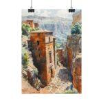 Die Felsenkirchen von Lalibela - Aquarell Kunst Poster, 4 Größen, Matt/Glanz