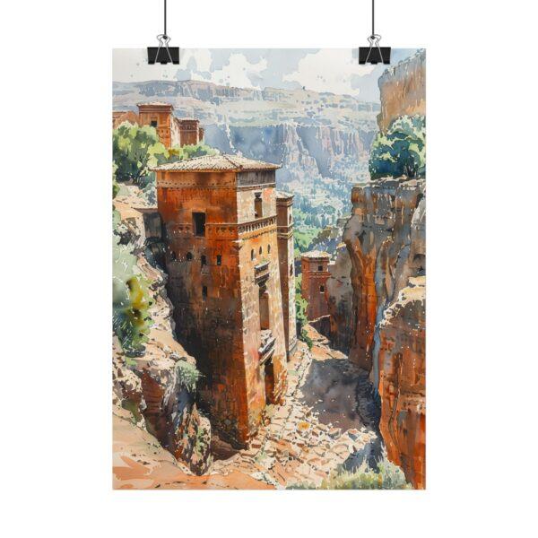 Die Felsenkirchen von Lalibela - Aquarell Kunst Poster, 4 Größen, Matt/Glanz