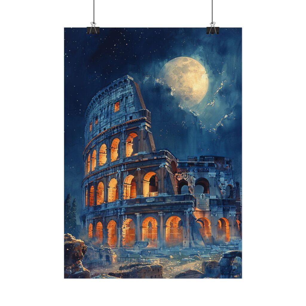 In tiefblauer Nacht erhebt sich das Kolosseum in Rom unter hellem Vollmond und warmem Aquarell-Licht in mehreren Gr&ouml;&szlig;en als Kunstdruck.