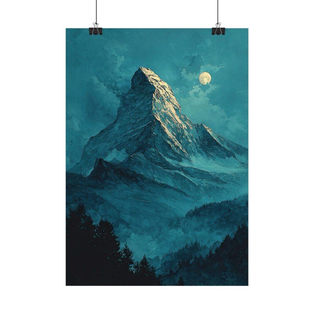 Das Mondlicht hebt das Matterhorn in der Aquarell-Optik hervor und bringt die Schweizer Alpen als stimmungsvolles Bergmotiv ins Zuhause.