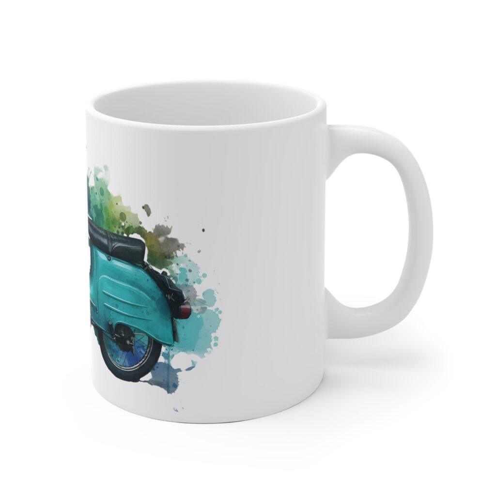 Aquarell-Tasse mit klassischem DDR Moped Schwalbe Retro Zweirad Illustration