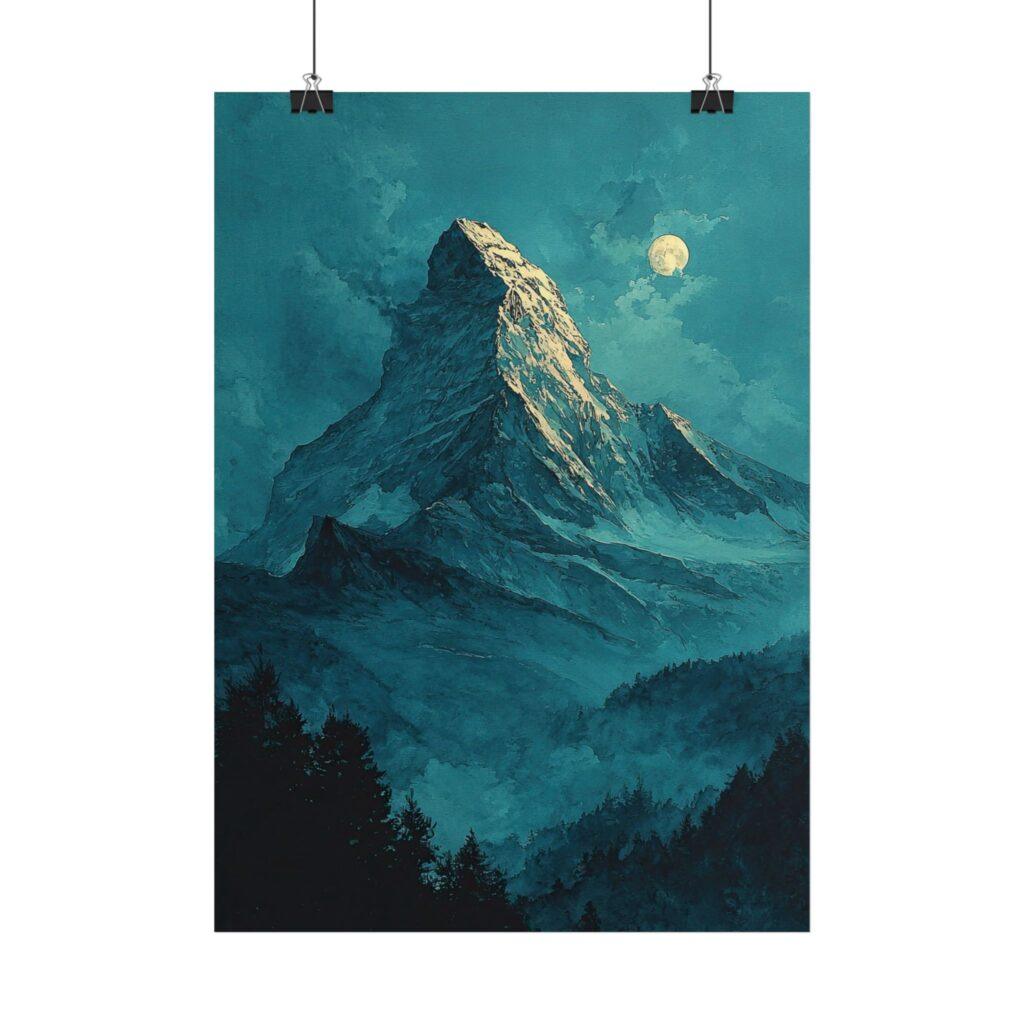 Der Matterhorn-Kunstdruck zeigt das ber&uuml;hmte Schweizer Bergmassiv in blaugr&uuml;ner Aquarelloptik mit leuchtendem Mond &uuml;ber den Alpen.