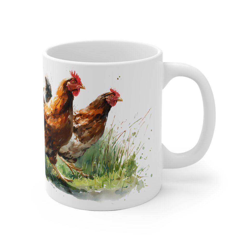 H&uuml;hner Aquarell Tasse - Bewegte Bauernhof H&uuml;hner auf Wiese in Aquarellkunst
