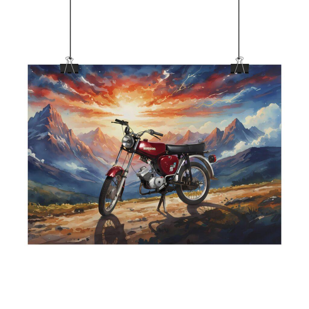 In warmen Sonnenuntergangst&ouml;nen steht die Simson S51 als rotes Kult-Moped vor einer weiten Bergkulisse im Aquarellstil.