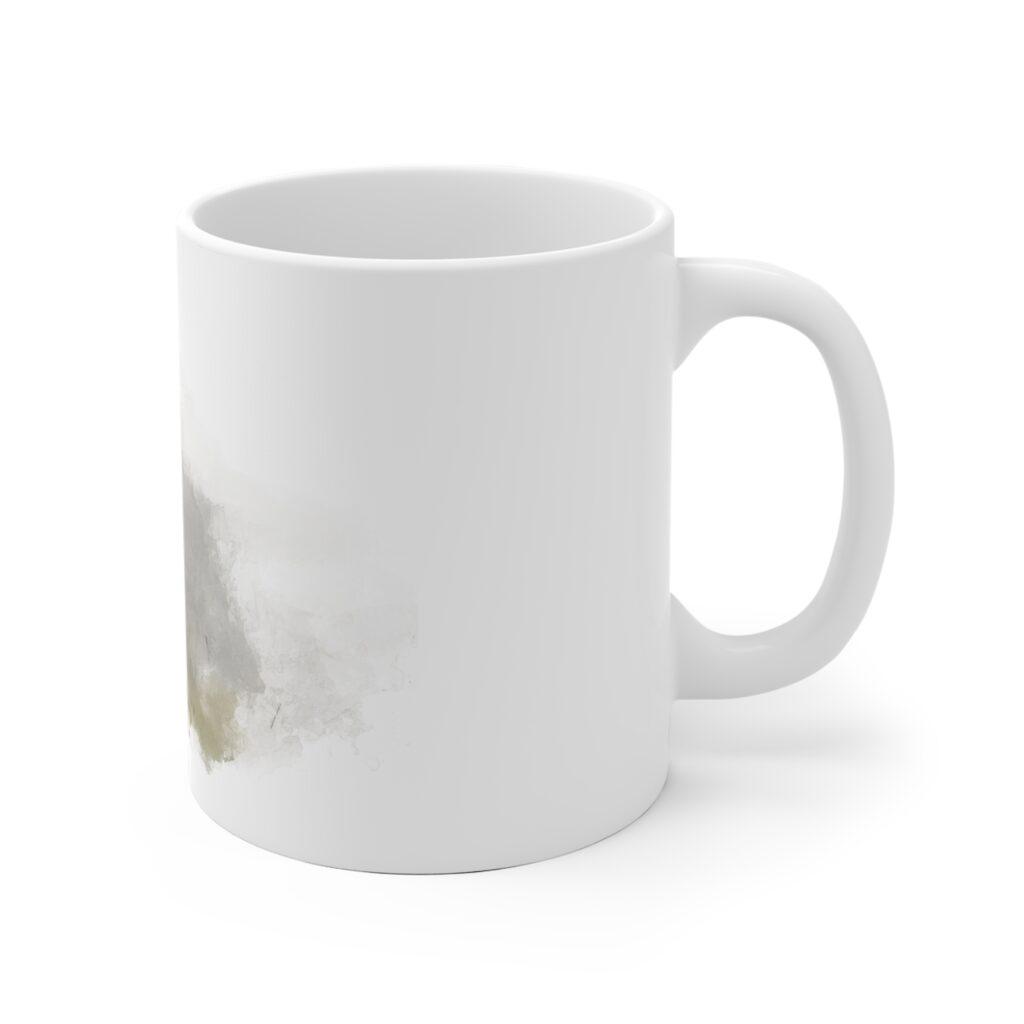 Die wei&szlig;e Keramiktasse zeigt ein zartes Aquarellmotiv mit wei&szlig;em Pferd und ruhiger Ausstrahlung f&uuml;r Pferdefans im Alltag.