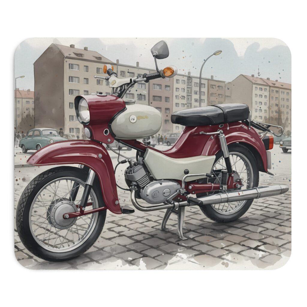 Mit detailreichem Aquarell zeigt das Mauspad einen Simson Star als DDR-Kult-Moped vor grauen H&auml;usern und auf Pflastersteinen.