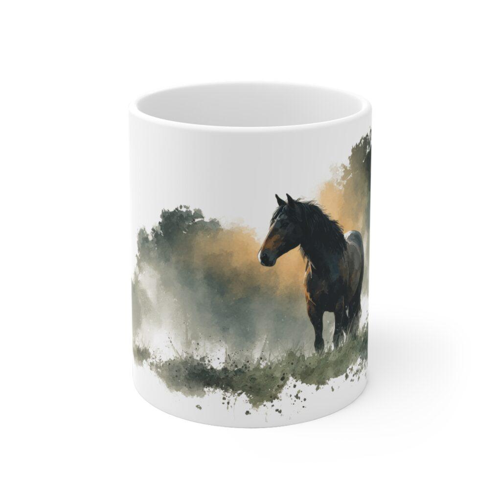 Der Keramikbecher zeigt ein schwarzes Pferd im Morgennebel, gestaltet in sanfter Aquarellkunst mit ruhiger Naturstimmung und warmen Farbt&ouml;nen.