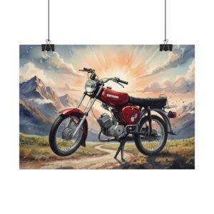 Simson S51 Aquarell Poster – DDR Kult-Moped mit Sonnenstrahlen in epischer Landschaft