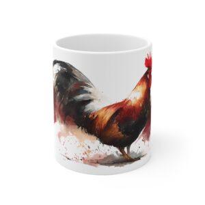 Hahn Aquarell Tasse - Kraftvoller Hahn mit roten Farbspritzern in Aquarellkunst