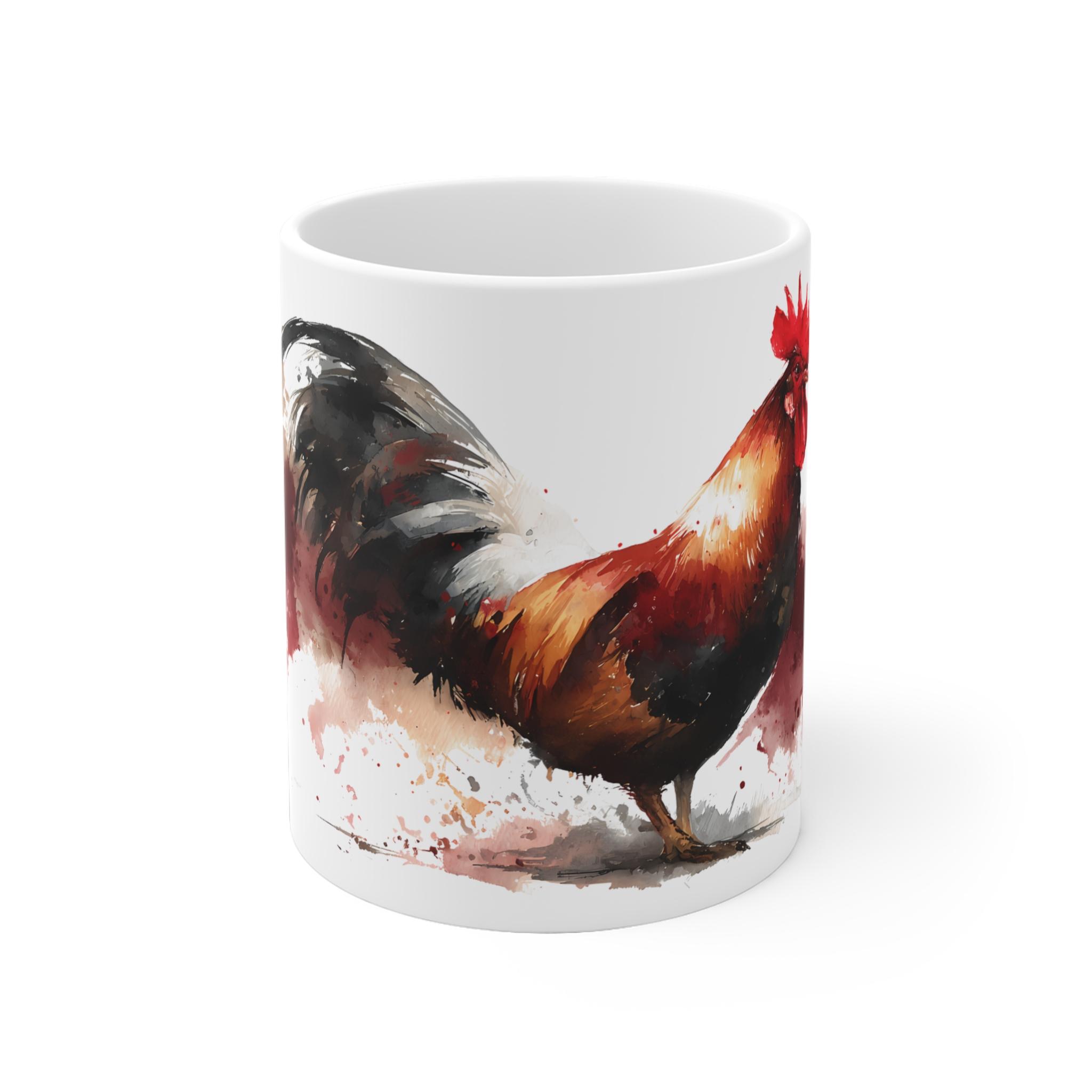 Hahn Aquarell Tasse - Kraftvoller Hahn mit roten Farbspritzern in Aquarellkunst - Shotspace Hahn Aquarell Tasse - Kraftvoller Hahn mit roten Farbspritzern in Aquarellkunst