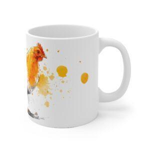 Huhn Aquarell Tasse - Weißes Huhn mit gelben Farbspritzern in moderner Aquarellkunst