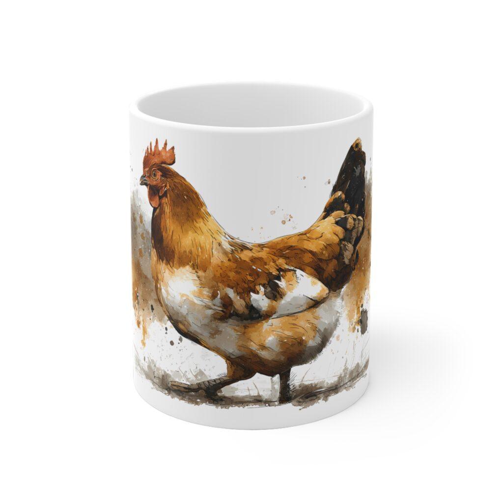 Mit warmem Goldton zeigt die Huhn Aquarell Tasse ein detailreiches Bauernhof-Huhn im expressiven Stil von Shotspace auf wei&szlig;er Keramik.
