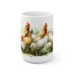 Hühner Aquarell Tasse - Drei Bauernhof Hühner auf Wiese in natürlicher Aquarellkunst