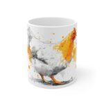Huhn Aquarell Tasse - Weißes Huhn mit gelben Farbspritzern in moderner Aquarellkunst