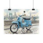 Simson Schwalbe KR51/1 Poster – DDR Kult-Roller als Aquarellkunst vor historischer Stadtkulisse