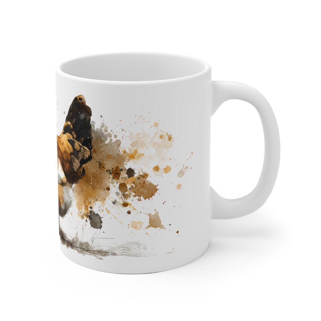 Mit goldenen Aquarellspritzern zeigt die Tasse mit Tiermotiv ein ausdrucksstarkes Huhn im Bauernhof-Stil von Shotspace.