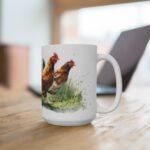 Hühner Aquarell Tasse - Bewegte Bauernhof Hühner auf Wiese in Aquarellkunst