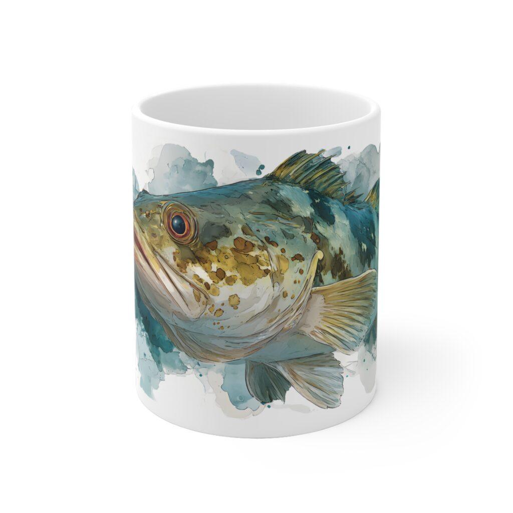 Ein maritimes Aquarell-Motiv zeigt den Dorsch auf einer wei&szlig;en Keramiktasse mit sanften Blau- und Gr&uuml;nt&ouml;nen von Shotspace.