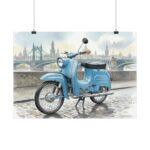Simson Schwalbe KR51/1 Poster – DDR Kult-Roller als Aquarellkunst vor historischer Stadtkulisse