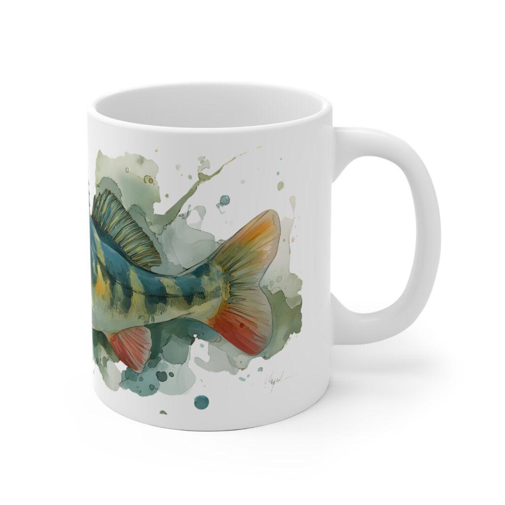 Mit farbenfrohem Zander im Aquarellstil zeigt die wei&szlig;e Keramiktasse ein detailreiches Angelmotiv f&uuml;r Kaffee, Tee und Angelfans.