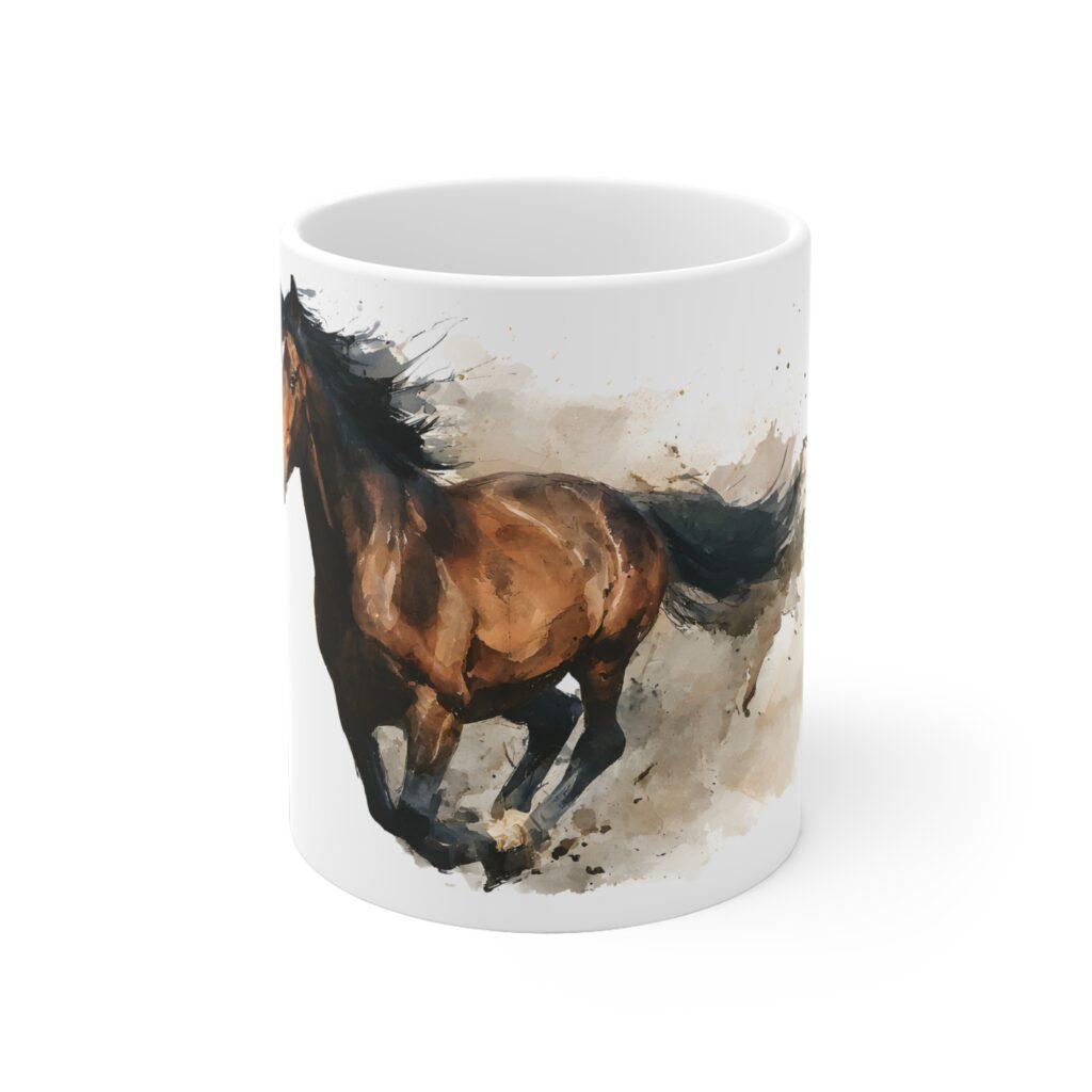 Die wei&szlig;e Keramiktasse zeigt ein braunes Pferd im Aquarellstil mit dunkler M&auml;hne und bewegter Galopppose auf hellem Hintergrund.