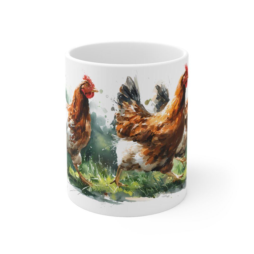 H&uuml;hner Aquarell Tasse - Bewegte Bauernhof H&uuml;hner auf Wiese in Aquarellkunst