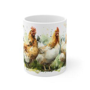 Hühner Aquarell Tasse - Drei Bauernhof Hühner auf Wiese in natürlicher Aquarellkunst