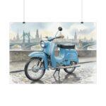 Simson Schwalbe KR51/1 Poster – DDR Kult-Roller als Aquarellkunst vor historischer Stadtkulisse