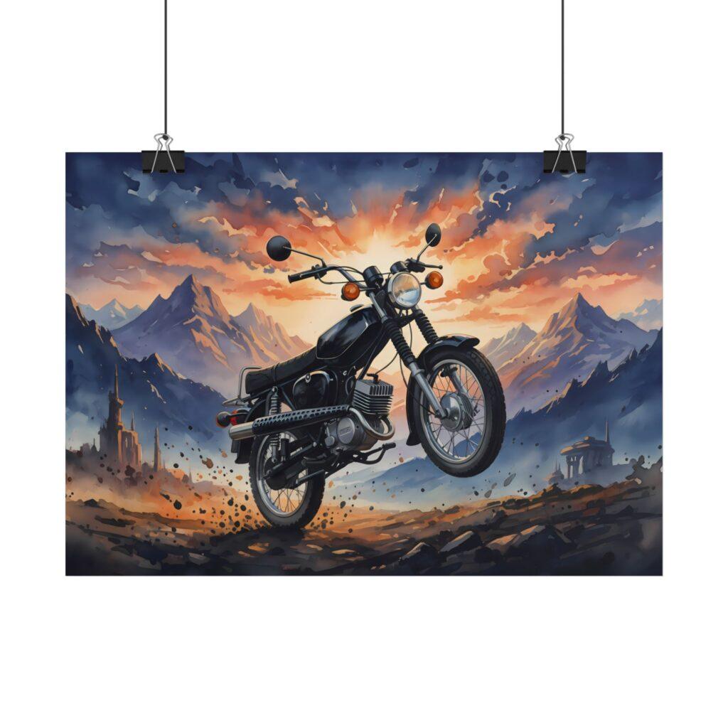 Das Simson S51 DDR-Kleinkraftrad f&auml;hrt vor einer dramatischen Bergkulisse im Aquarellstil durch ein leuchtendes Sonnenuntergangspanorama.