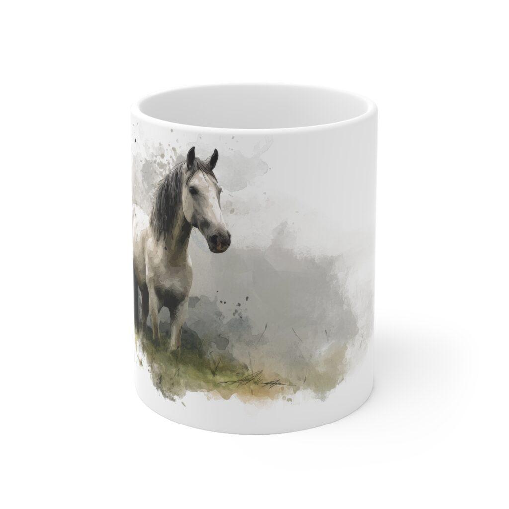 Mit feinem Aquarellstil zeigt die wei&szlig;e Keramiktasse ein ruhiges Pferd in sanften Grau- und Naturt&ouml;nen f&uuml;r Pferdefans.