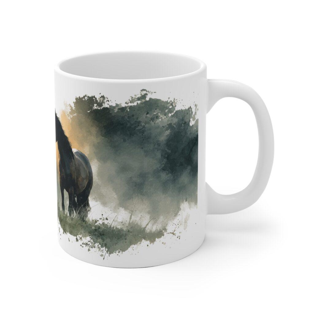 Eine Aquarell-Motivtasse zeigt ein Pferd im Morgennebel mit dunklen Waldt&ouml;nen und sanften Gr&uuml;nnuancen auf wei&szlig;er Keramik.