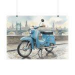 Simson Schwalbe KR51/1 Poster – DDR Kult-Roller als Aquarellkunst vor historischer Stadtkulisse
